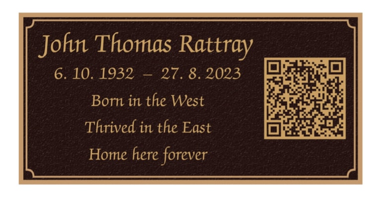 John Thomas Rattray memorial plaque with engraved inscription and QR code
