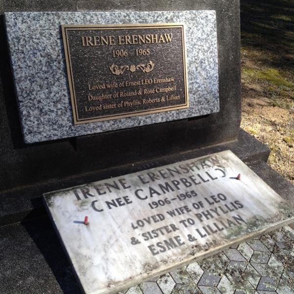 Irene Erenshaw restoration — old marble slab replaced with new bronze plaque on granite headstone