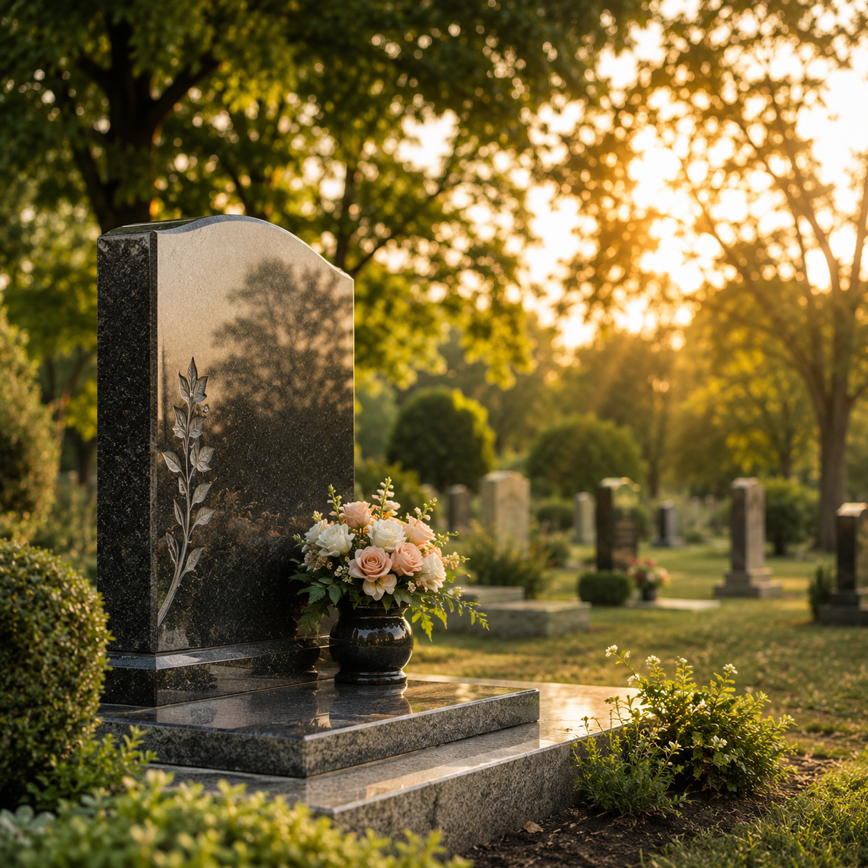 Golden hour cemetery memorial headstone