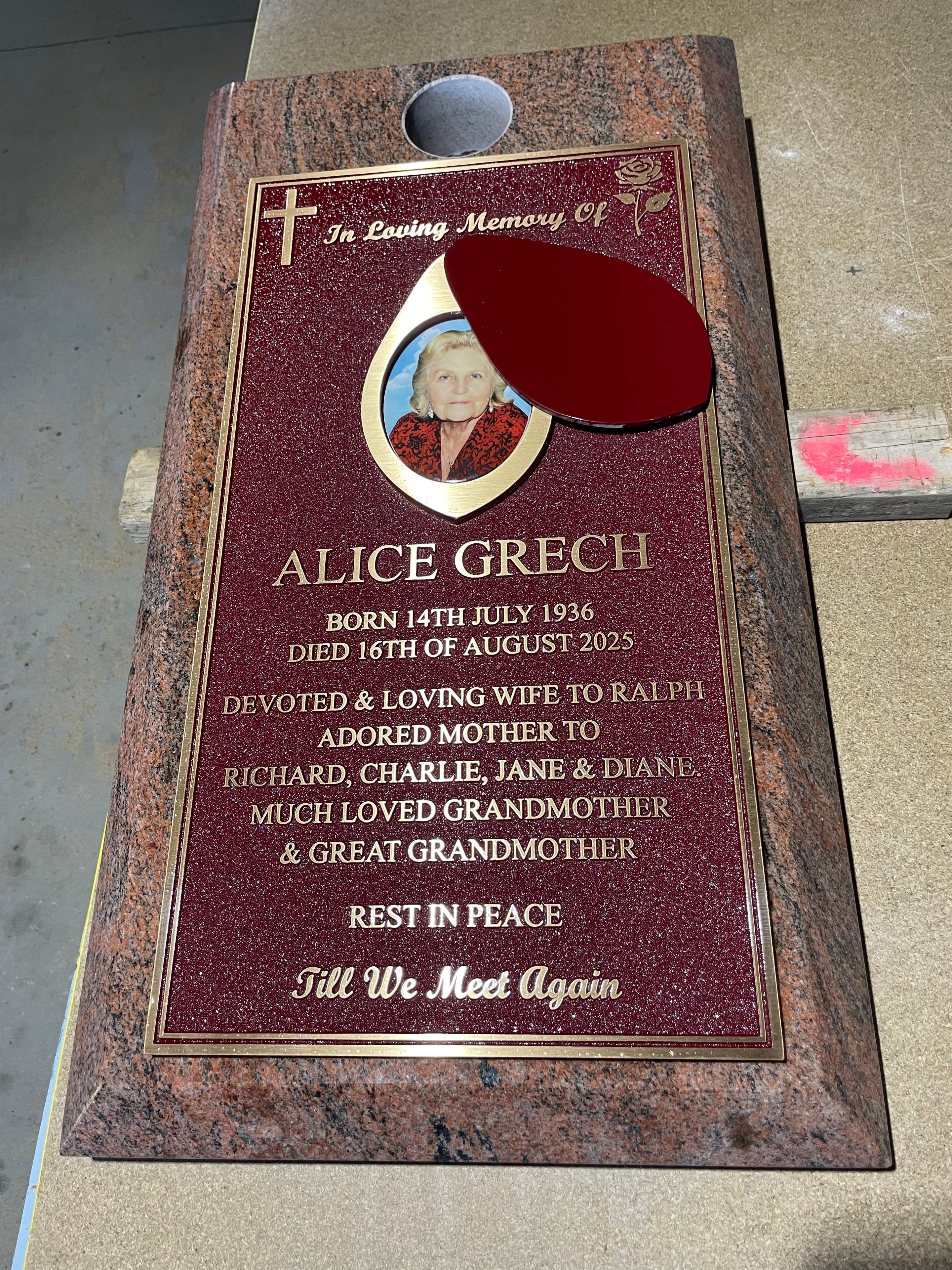 Alice Grech burgundy and gold memorial plaque with portrait inset