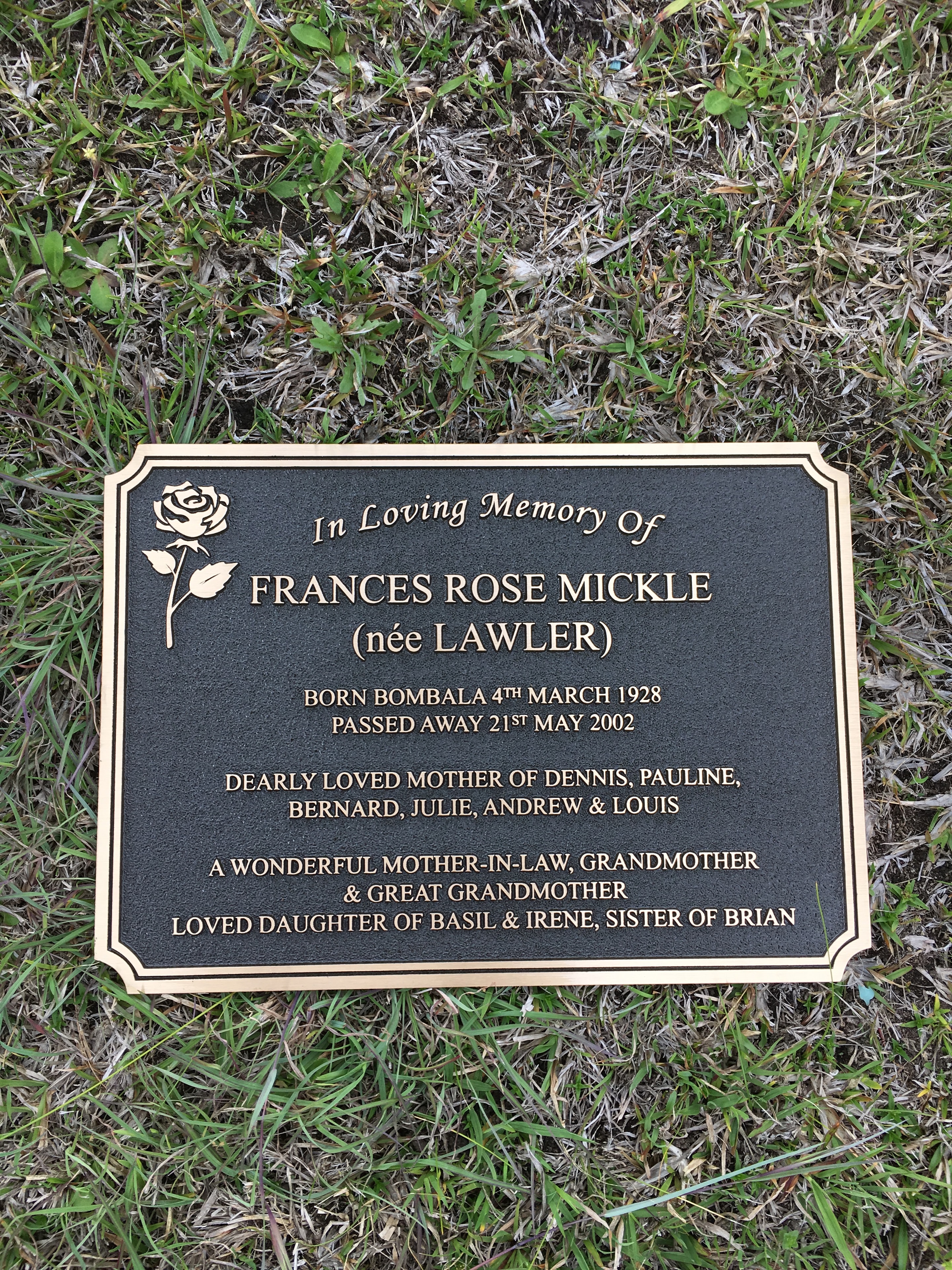 Frances Rose Mickle memorial plaque with rose motif