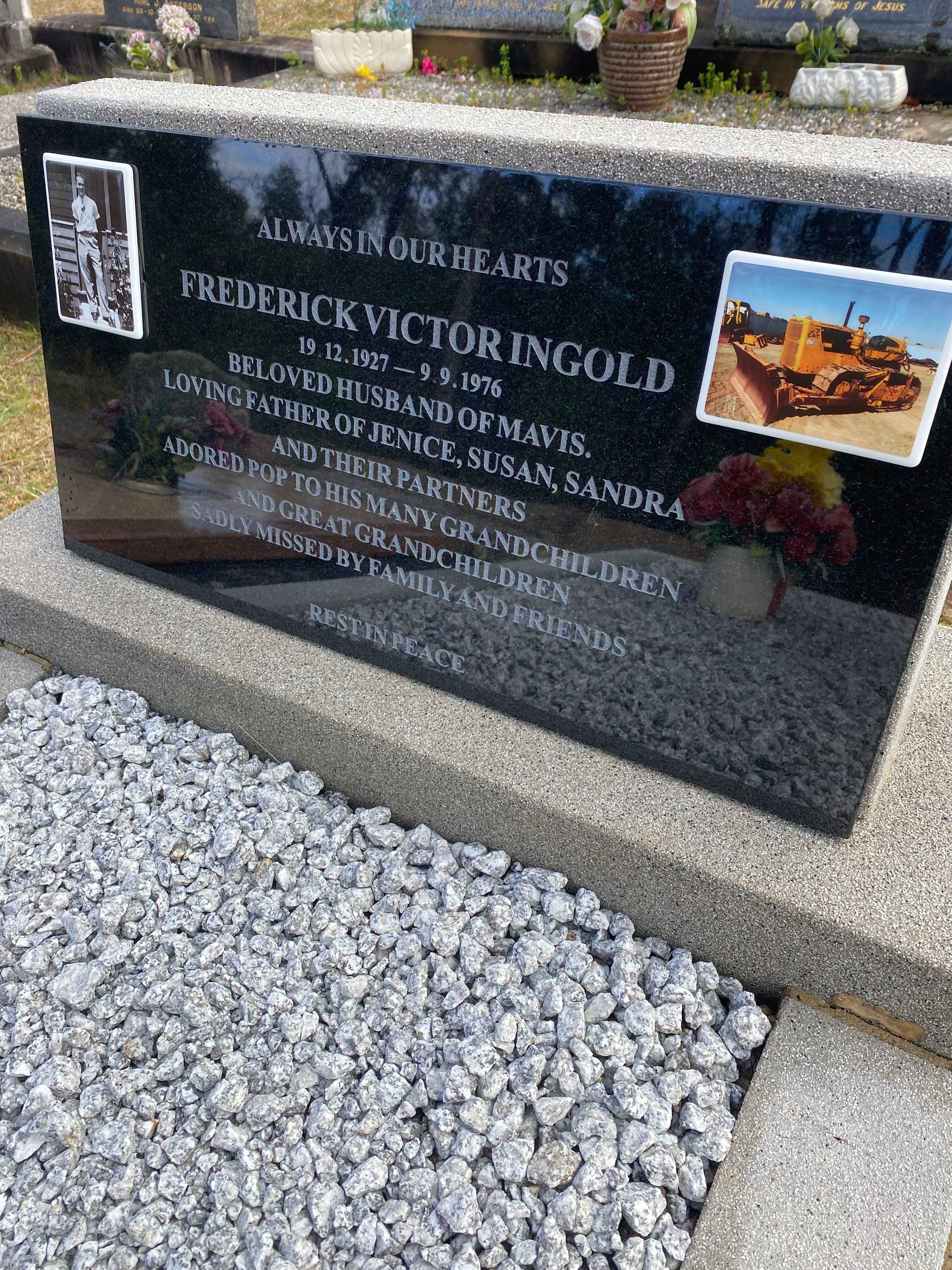 Frederick Victor Ingold polished black granite memorial plaque with portrait insets