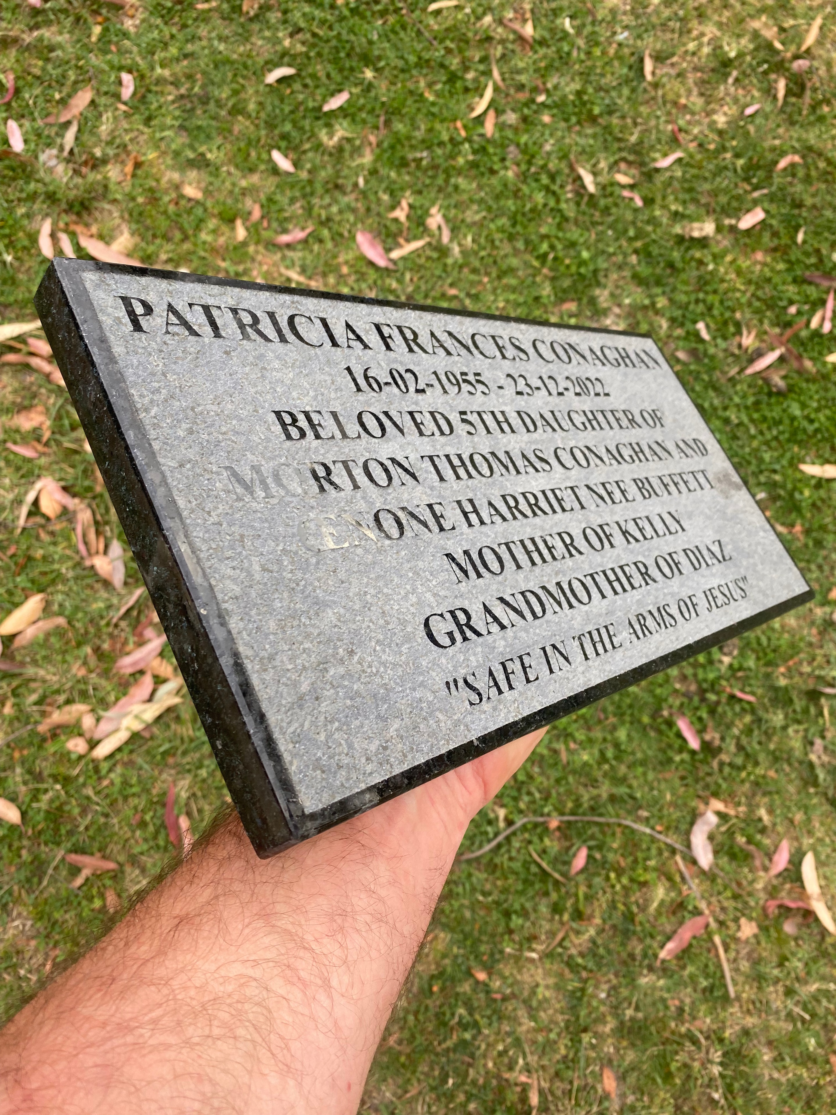 Patricia Frances Conaghan engraved granite memorial plaque