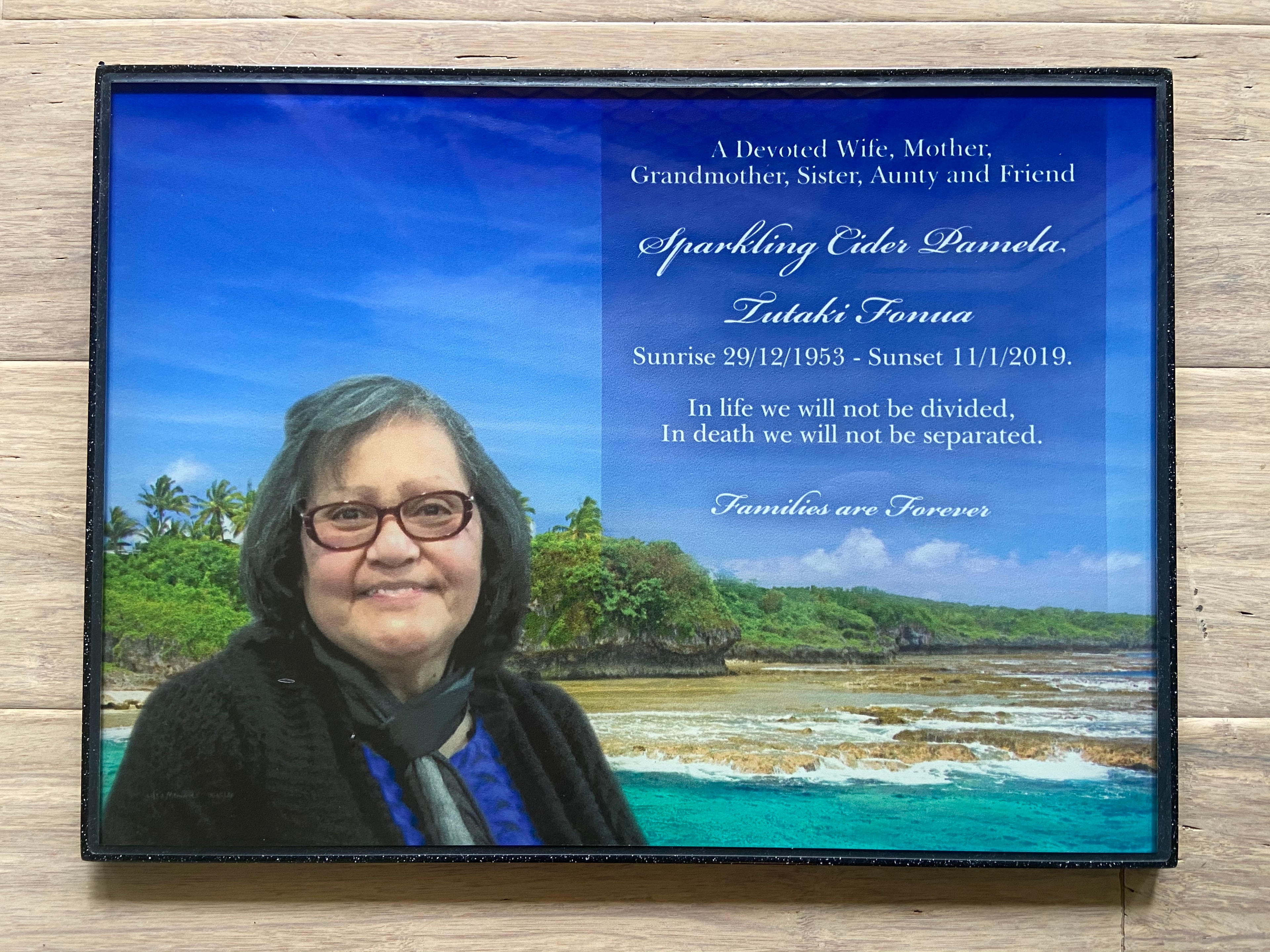 Sparkling Cider Pamela memorial portrait plaque