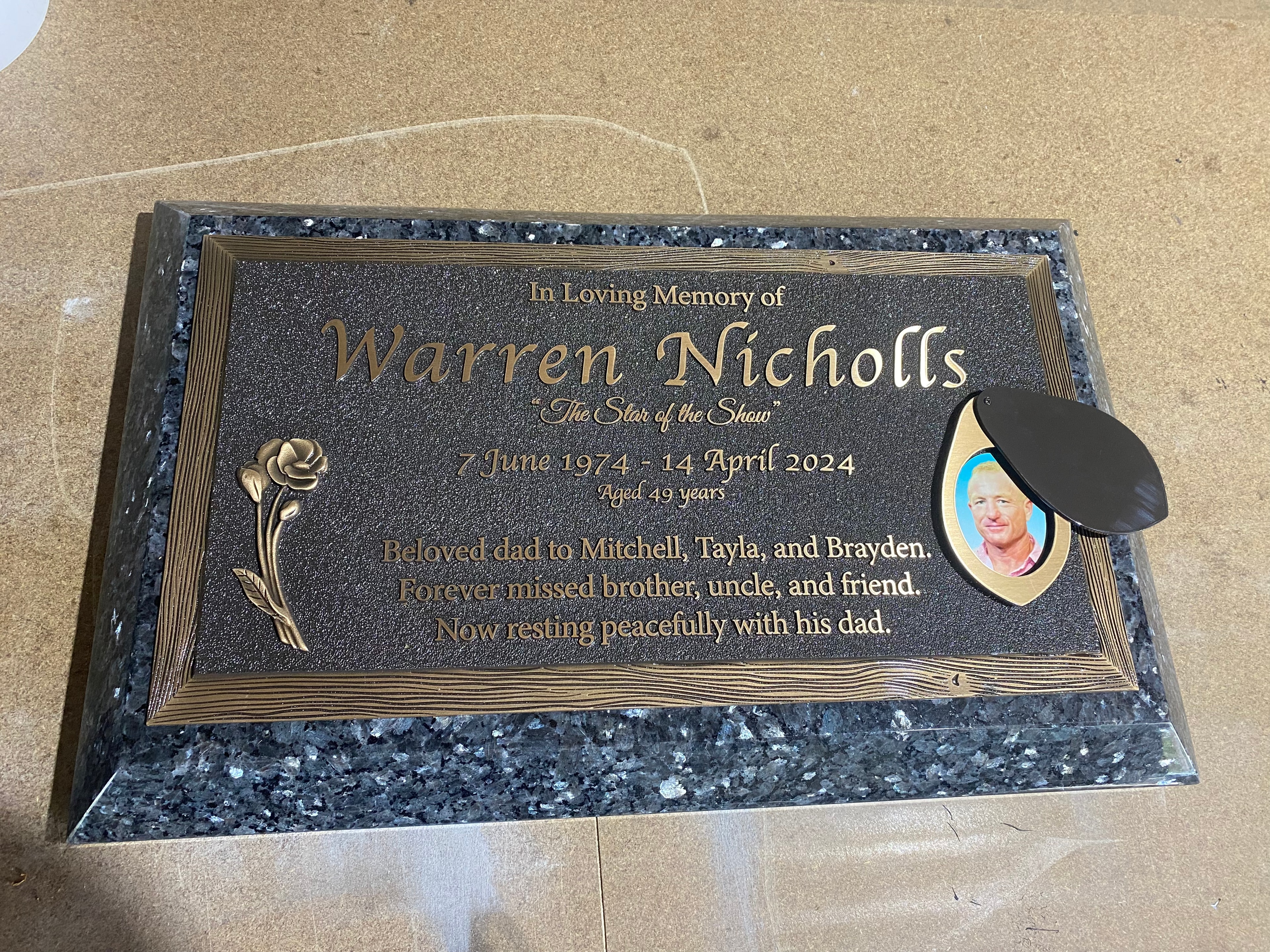 Warren Nicholls bronze memorial plaque with portrait medallion